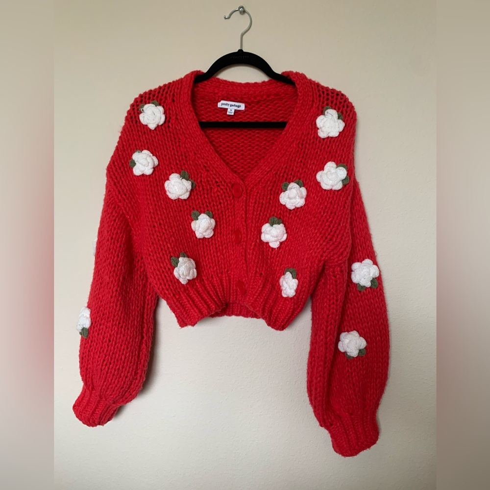 Oversized cropped red floral button up cardigan
